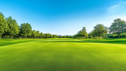 Wall Mural - A golf course fairway with manicured grass, outdoor setting with distant trees, Serene style