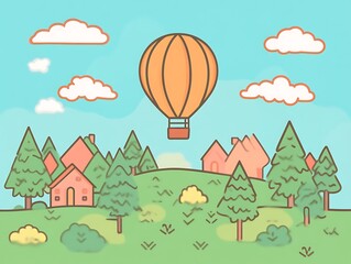 Hot Air Balloon Soaring Over Peaceful Village Landscape