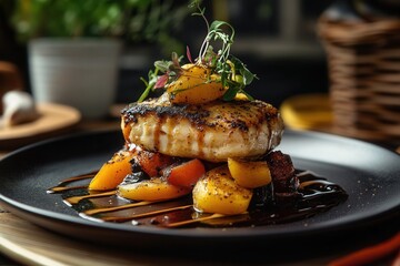 Grilled fish with roasted vegetables and balsamic glaze on a black plate.