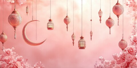 Wall Mural - A pink-toned crescent moon with hanging lanterns and floral decorations, showcasing Ramadan's beauty and tranquility