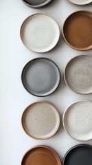 Poster - An elegant display features a variety of round ceramic plates with different glazes arranged in a clean, minimalist style. Soft colors and textures create a soothing visual harmony