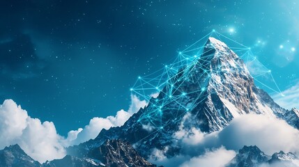 Poster - Majestic mountain peak with a digital network overlay visualizing altitude levels and geographic data leaving copy space at the top for various uses