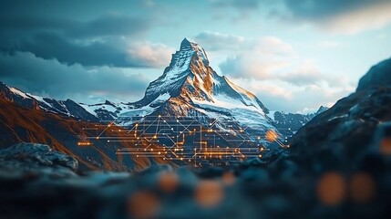 Poster - majestic mountain peak reaching towards the sky with a captivating digital network overlay visualizi