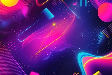 Wall Mural - abstract neon shapes and glowing lines in vibrant pink, blue, and yellow on a dark background.