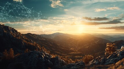 Poster - Majestic mountain range captured during a breathtaking sunrise featuring holographic altitude markers and network lines linking the peaks