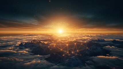 Poster - Breathtaking mountain landscape at sunrise with holographic altitude markers and network lines connecting the peaks leaving ample copy space on the right side of the frame