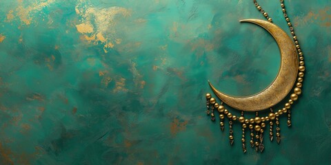 Wall Mural - A textured golden crescent moon resting on an emerald green background, perfect for luxurious and spiritual Ramadan themes