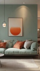 Poster - Within a stylish Parisian apartment, soft sage green walls create a cozy ambiance. A contemporary sofa dressed with earthy cushions invites relaxation, while artwork adds a splash of color