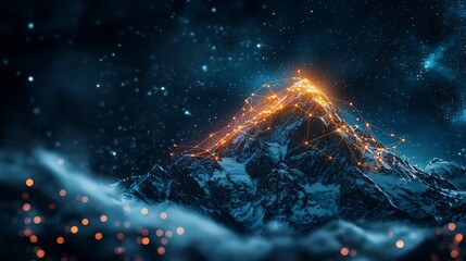 Poster - snowy mountain peak with glowing lines representing altitude mapping and networked monitoring leavin