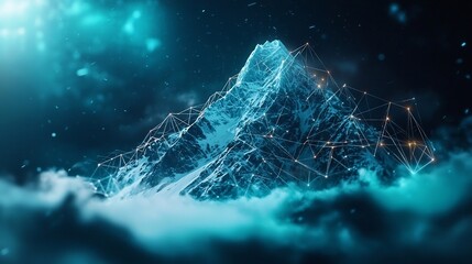 Poster - Stunning snow covered mountain peak with glowing lines representing detailed altitude mapping and networked monitoring systems leaving ample copy space on the left side of the image