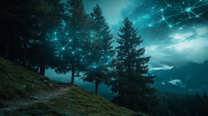 Poster - stunning aerial view from a mountain trail showcasing holographic visuals that display altitude leve