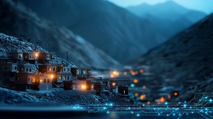 Poster - futuristic high altitude mountain village with glowing digital lines showing connectivity and elevat