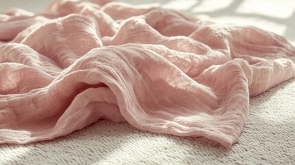 Poster - A beautifully textured organic cotton blanket in soft pink rests gently on a neutral-toned surface, illuminated by warm morning sunlight streaming through nearby windows, inviting coziness