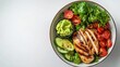 © Heng Heng - AI Stock - Beautifully Plated Keto or Clean Meal with Grilled Chicken Steamed Vegetables and a Small Side of Mashed Avocado Styled on an Isolated White Background with Plenty of Copy Space