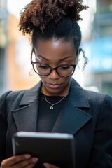 Woman with glasses using tablet