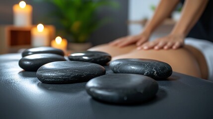 Poster - A relaxing massage scene with a therapist using hot stones on a client's back in a dimly lit room Stock Photo with side copy space