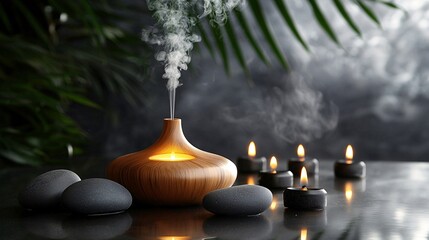 Aufkleber - A serene spa space featuring essential oils and diffusers creating a relaxing atmosphere Stock Photo with side copy space