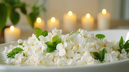 Aufkleber - A luxurious spa bath filled with fresh flowers and surrounded by flickering candles Stock Photo with side copy space