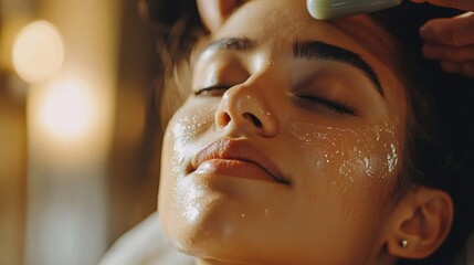 Poster - A calming moment with a massage therapist using a jade roller for a rejuvenating facial treatment Stock Photo with side copy space