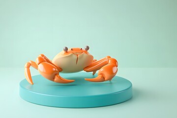 Wall Mural - 3D cartoon crab on a smooth blue circular base resembling a small ocean