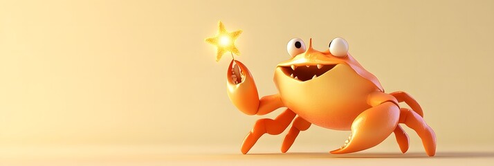 Wall Mural - 3D cartoon crab holding a tiny glowing star in one claw. The crab is simple and sleek, with pastel orange tones