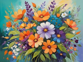 Poster - Vibrant Abstract Digital Painting of Colorful Flowers and Leaves with Dynamic Modern Design