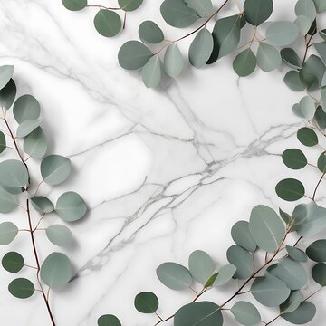 Minimalist High-Resolution Photograph of Eucalyptus Sprigs on Polished White Marble Surface