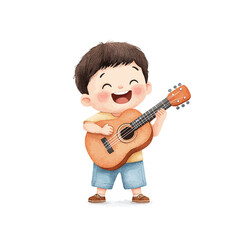 happy little guitarist: a cheerful watercolor illustration of a young boy playing the guitar with a 
