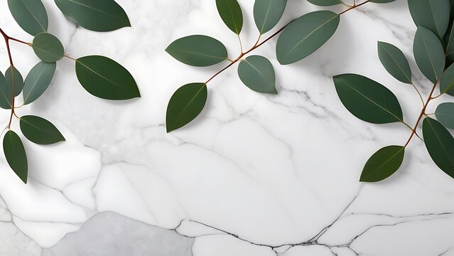 Minimalist High-Resolution Photograph of Eucalyptus Sprigs on Polished White Marble Surface