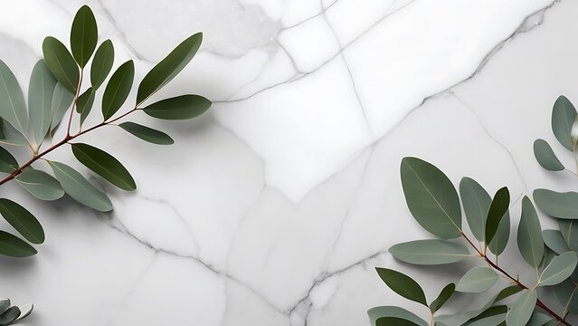 Minimalist High-Resolution Photograph of Eucalyptus Sprigs on Polished White Marble Surface