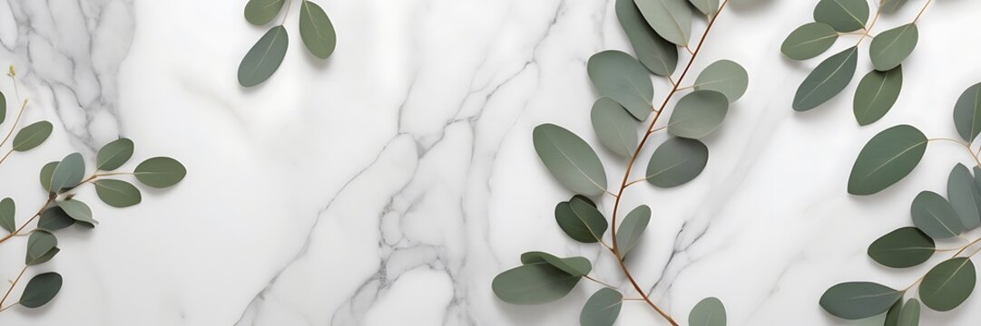 Minimalist High-Resolution Photograph of Eucalyptus Sprigs on Polished White Marble Surface