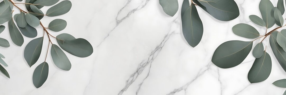Minimalist High-Resolution Photograph of Eucalyptus Sprigs on Polished White Marble Surface