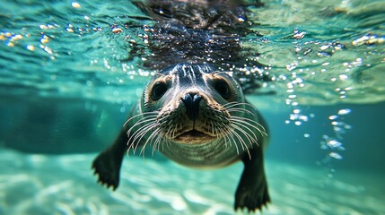 Poster - A curious seal glides effortlessly through clear blue waters, its whiskers and whiskers catching the sunlight. Bubbles surround it, creating a magical underwater atmosphere