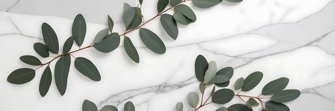 Minimalist High-Resolution Photograph of Eucalyptus Sprigs on Polished White Marble Surface