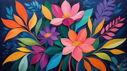 Poster - Vibrant Abstract Digital Painting of Colorful Flowers and Leaves with Dynamic Modern Design