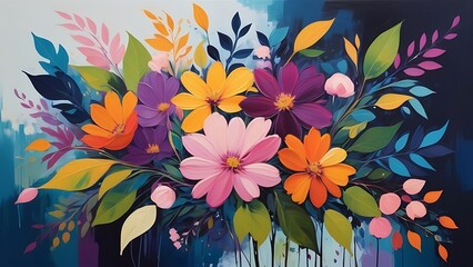 Poster - Vibrant Abstract Digital Painting of Colorful Flowers and Leaves with Dynamic Modern Design