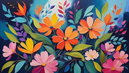 Poster - Vibrant Abstract Digital Painting of Colorful Flowers and Leaves with Dynamic Modern Design
