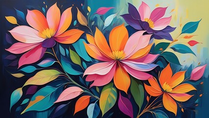 Poster - Vibrant Abstract Digital Painting of Colorful Flowers and Leaves with Dynamic Modern Design