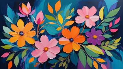 Poster - Vibrant Abstract Digital Painting of Colorful Flowers and Leaves with Dynamic Modern Design