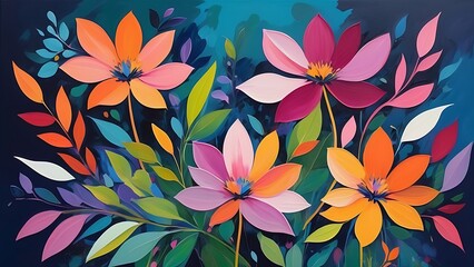 Poster - Vibrant Abstract Digital Painting of Colorful Flowers and Leaves with Dynamic Modern Design