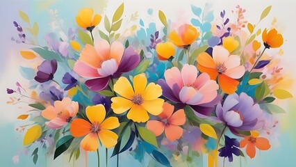 Poster - Vibrant Abstract Digital Painting of Colorful Flowers and Leaves with Dynamic Modern Design