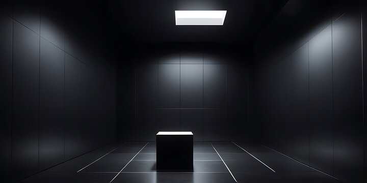 Minimalist Futuristic Interior with Glossy Black Cube and Diffused Ceiling Light in Geometric Space