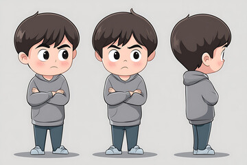 A cartoon character of a boy with a serious expression, shown from three angles.