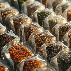 Seed variety display local market product photography outdoor setting close-up view agricultural diversity showcase