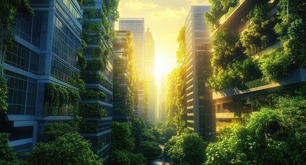 Wall Mural - A futuristic cityscape with skyscrapers adorned in vertical gardens, where greenery intertwines seamlessly between buildings and the sun shines through clear skies