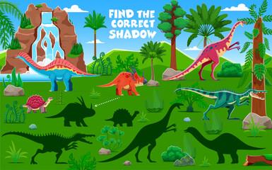 Poster - Kids game worksheet, find the correct shadow of prehistoric dinosaurs. Vector educational riddle featuring dino species in tropical forest engaging kids matching each dinosaur to its correct shadow