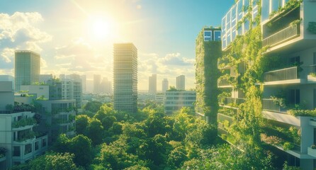 Wall Mural - A futuristic cityscape with skyscrapers adorned in vertical gardens, where greenery intertwines seamlessly between buildings and the sun shines through clear skies