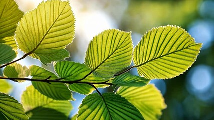 Poster - Fresh green leaves with sunlight shining through, peaceful nature scene. Environmental and tranquility concept