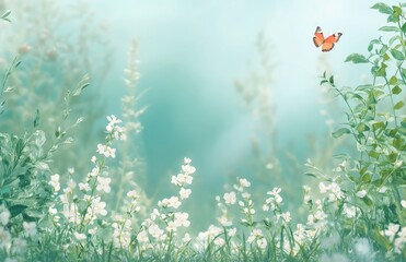 Wall Mural - Beautiful spring meadow with white flowers and green grass, blurred background, butterfly flying in the air, sunny day, spring landscape, spring concept background