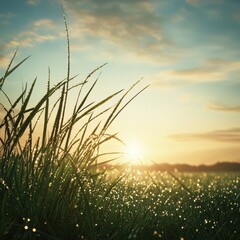 morning dew drops on grass nature scene tranquil landscape